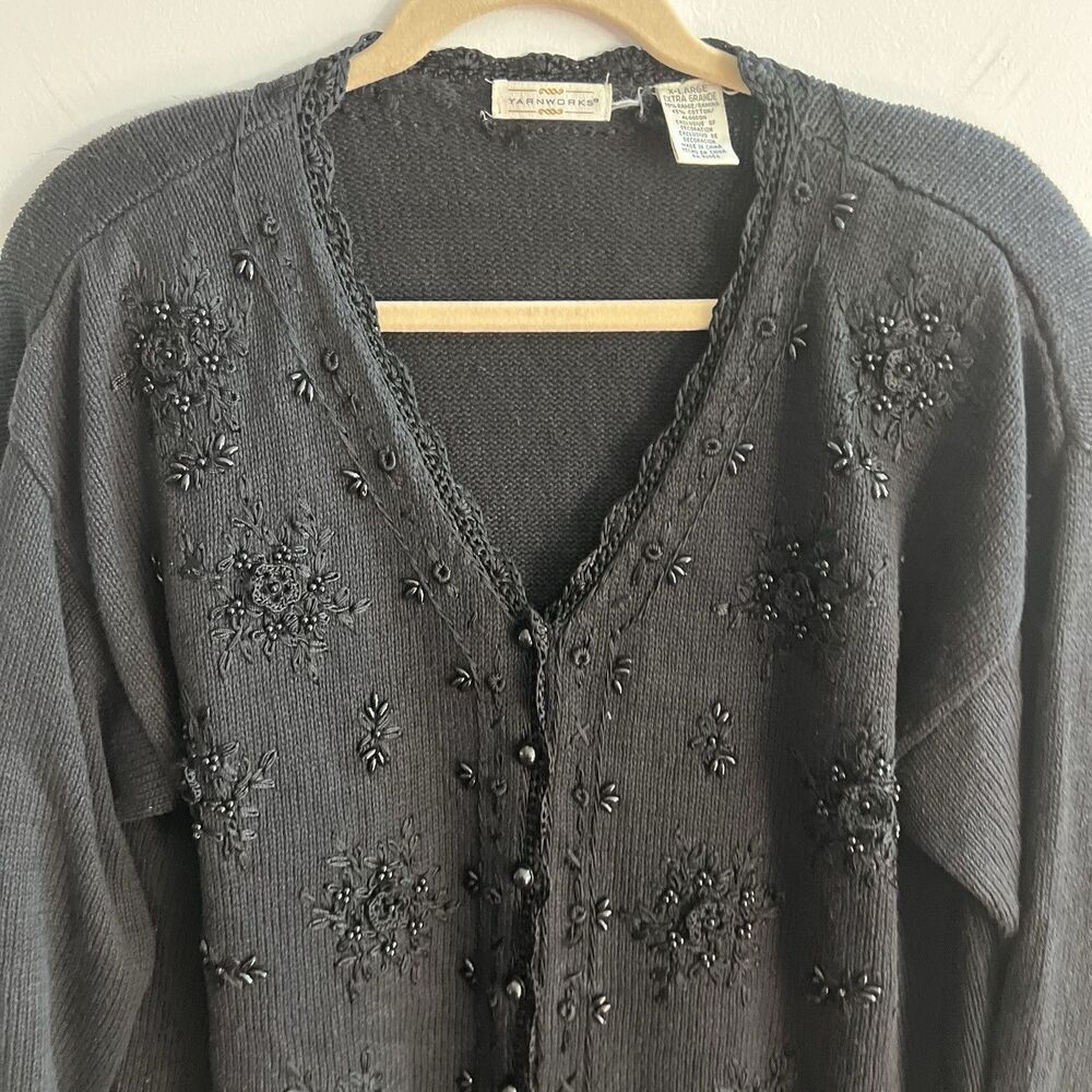 Vtg Black Knit Sweater Grandma Beaded Embroidery Flowers XL Grandma Yarnworks - Picture 8 of 12